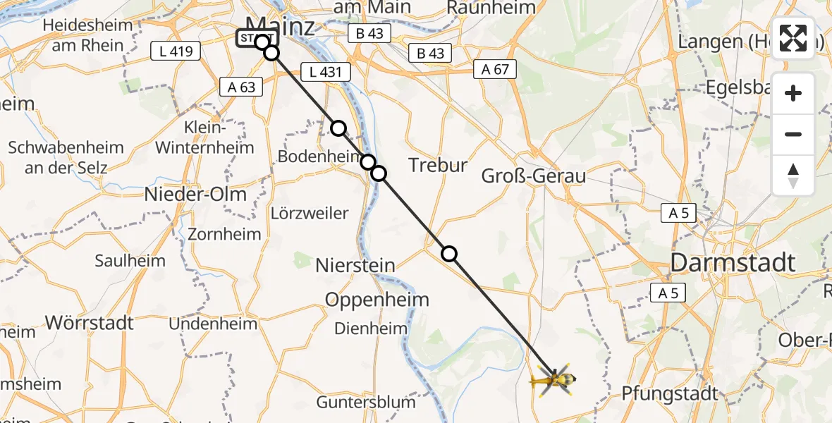 Flugroute Rettungshubschrauber Mainz University Hospital - Riedstadt, 26 Juni 2026, 16:36