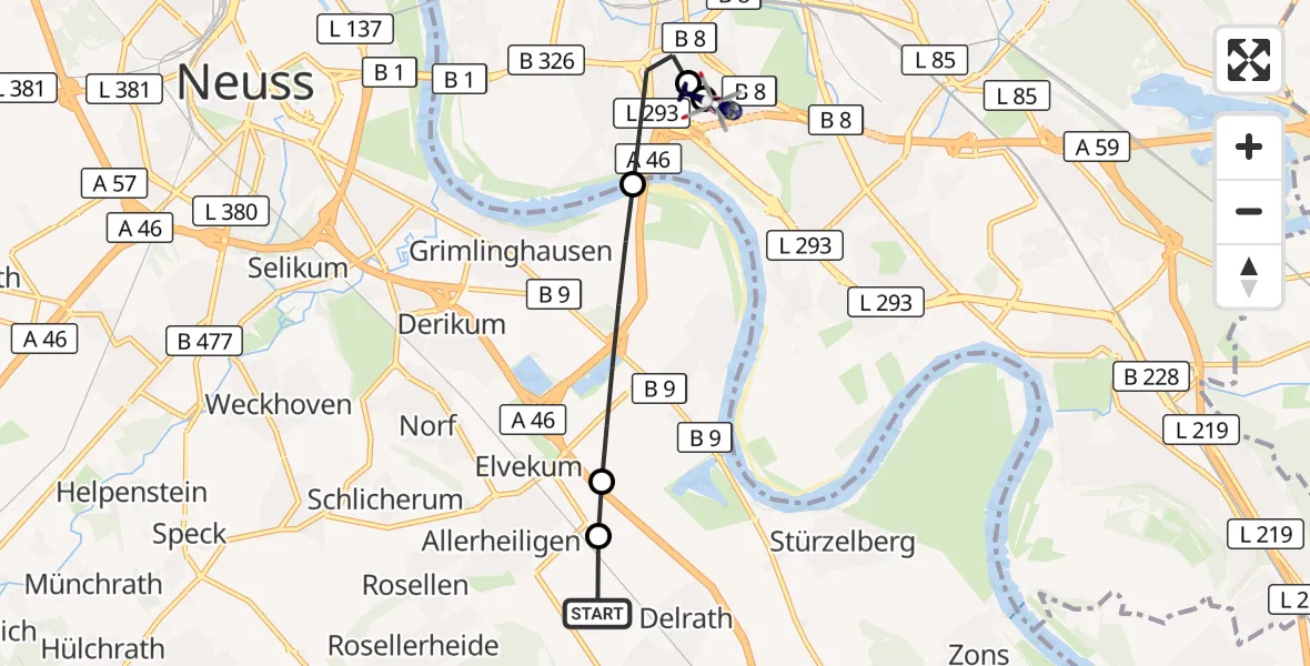 Flugroute Polizeihubschrauber Neuss - Düsseldorf University Hospital, 26 Juni 2026, 16:39