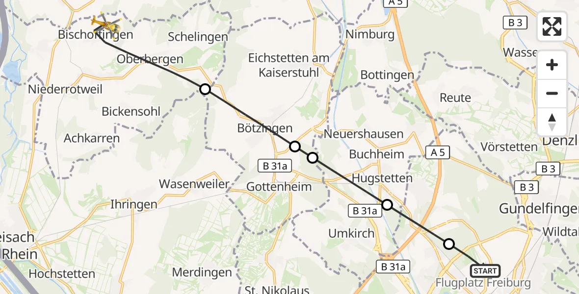 Flugroute Ambulanzhubschrauber Freiburg im Breisgau Flugplatz - Vogtsburg im Kaiserstuhl, 26 Juni 2026, 16:47