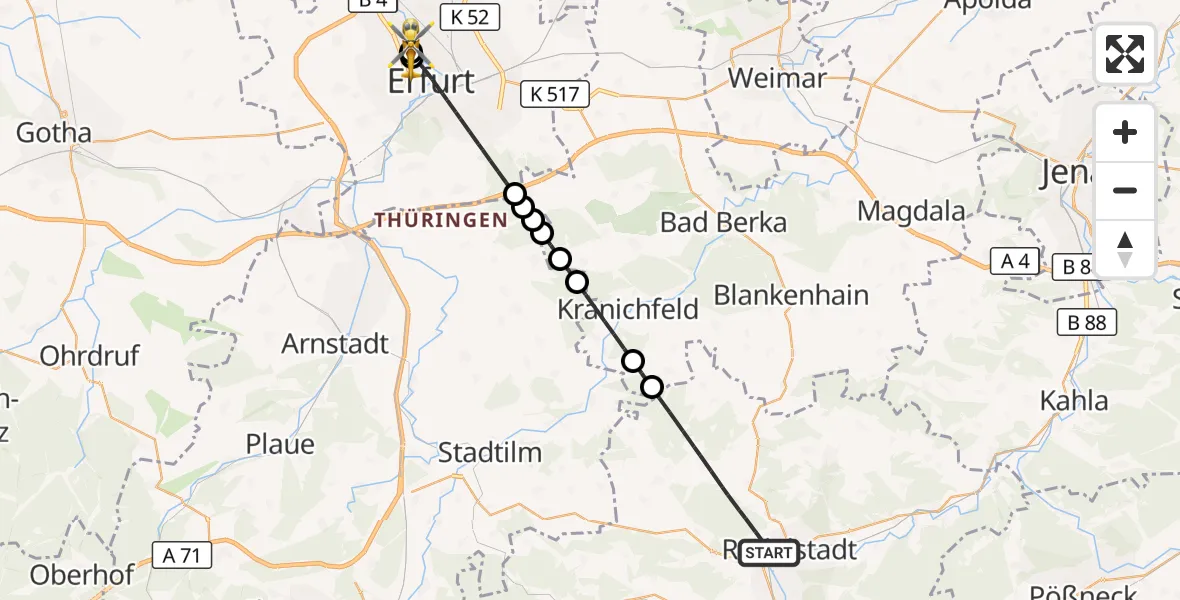 Flugroute Ambulanzhubschrauber Rudolstadt - Helios Clinic Erfurt, 26 Juni 2026, 16:52