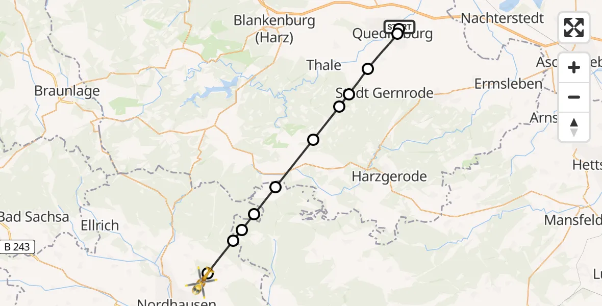 Flugroute Rettungshubschrauber Harz Hospital Quedlinburg - Nordhausen, 26 Juni 2026, 16:54
