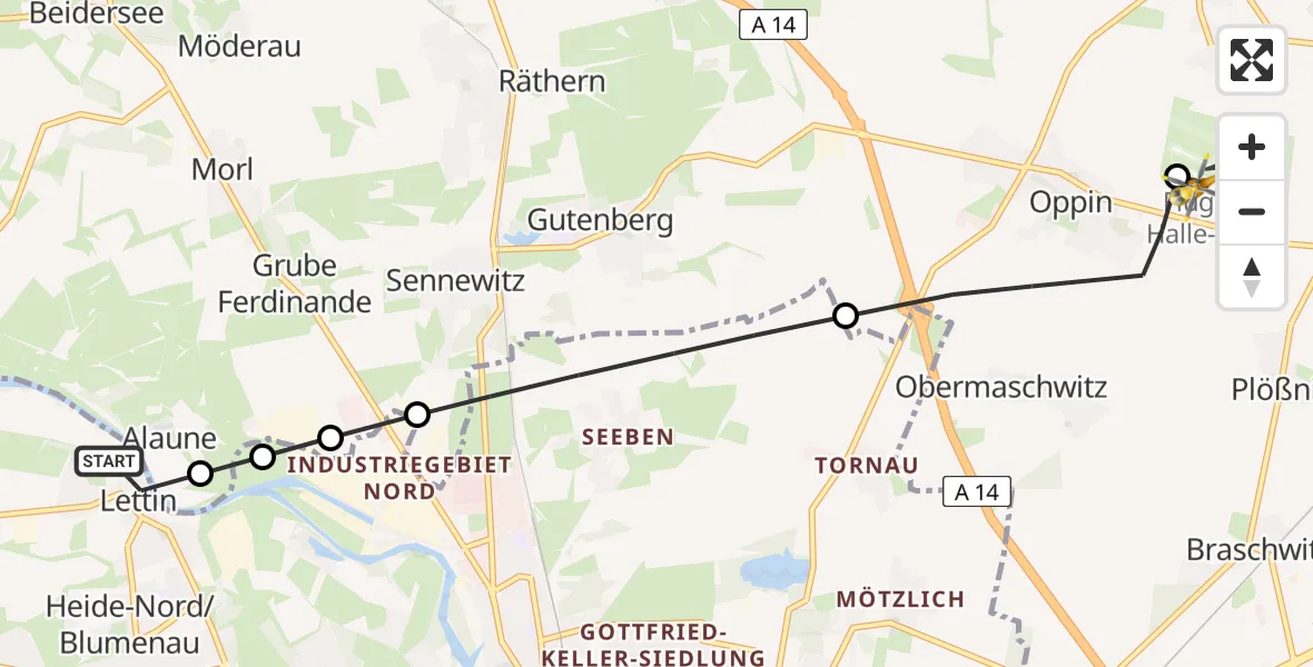 Flugroute Rettungshubschrauber Halle (Saale) - Halle-Oppin Flugplatz, 26 Juni 2026, 16:57