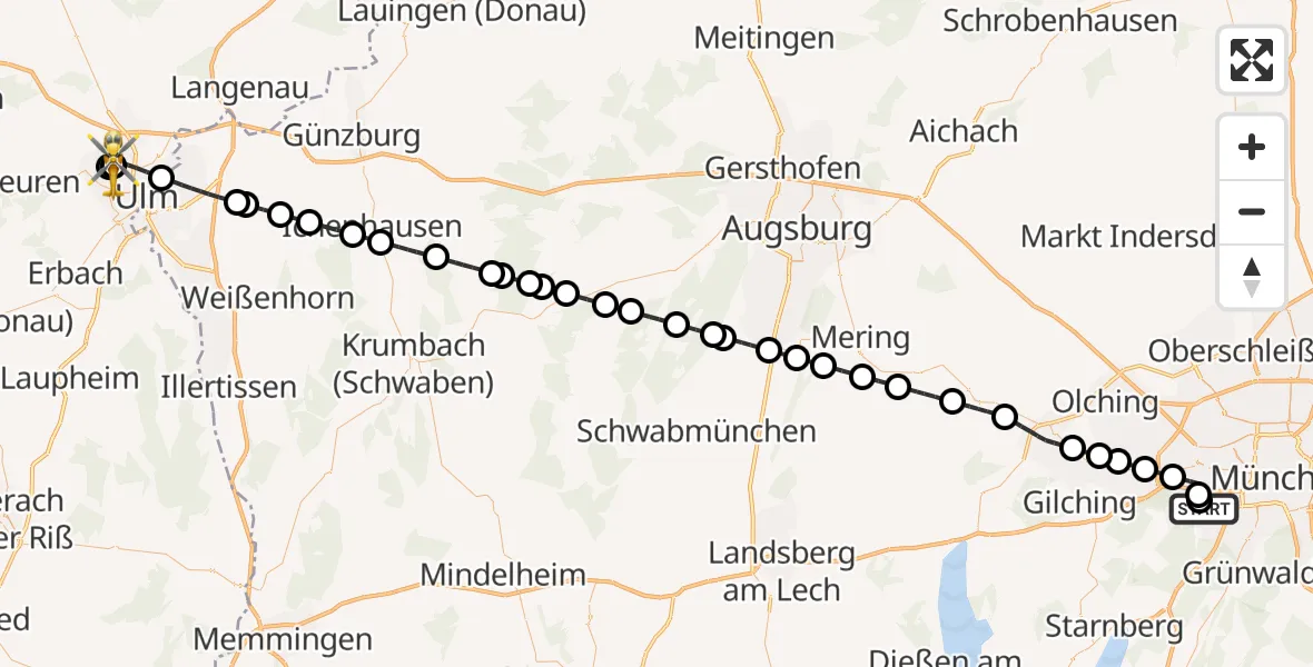Flugroute Rettungshubschrauber DRF Air Rescue München Hubschrauberlandeplatz - ADAC Air Rescue Station Ulm (Christoph 22), 26 Juni 2026, 17:07