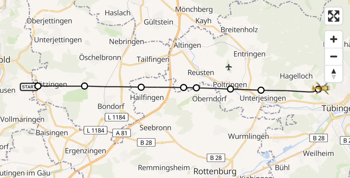 Flugroute Rettungshubschrauber Nagold - Tübingen Trauma Hospital, 26 Juni 2026, 17:08