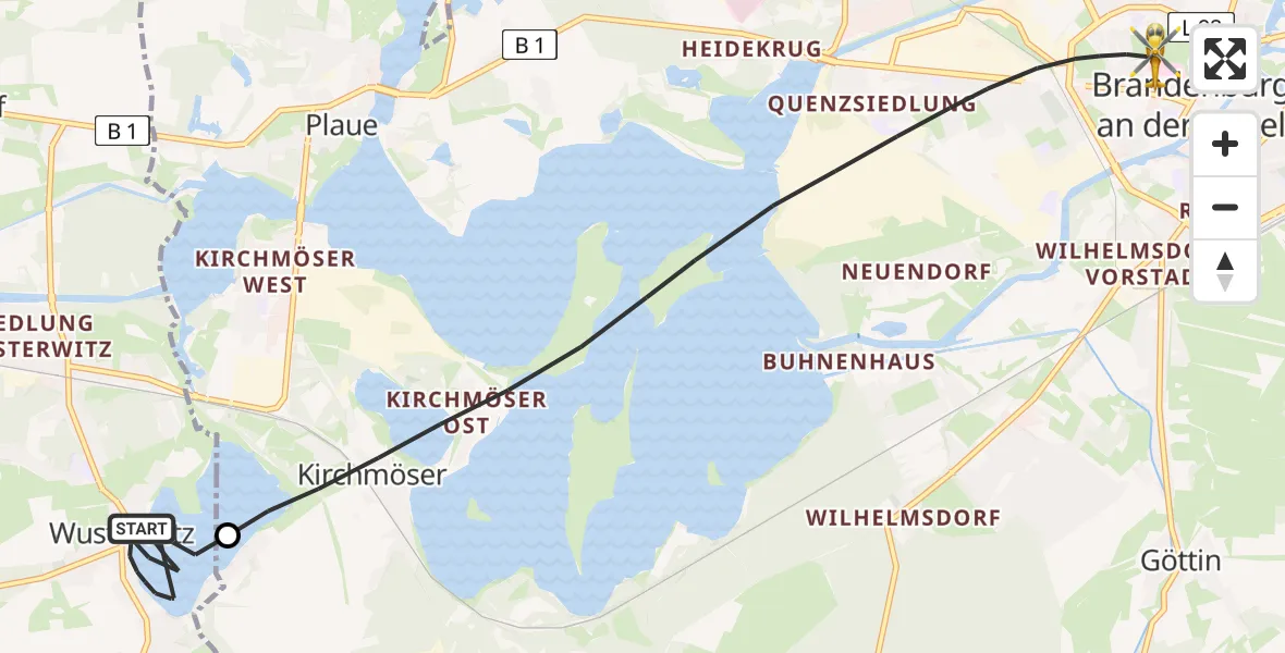 Flugroute Rettungshubschrauber Wusterwitz - Brandenburg an der Havel, 26 Juni 2026, 17:08