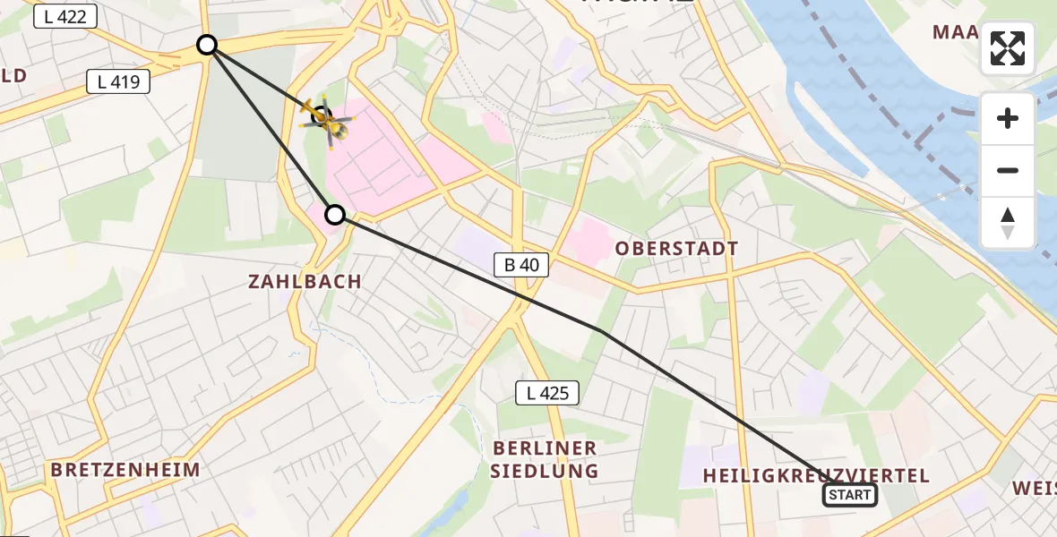Flugroute Rettungshubschrauber Mainz - Mainz University Hospital, 26 Juni 2026, 17:10