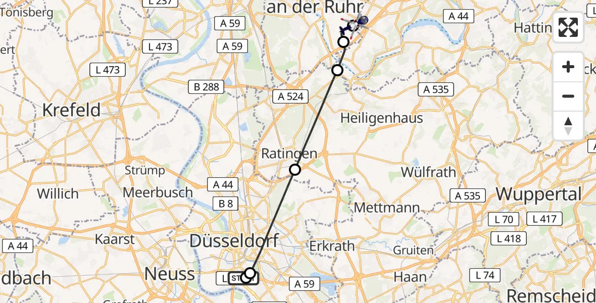 Flugroute Polizeihubschrauber Düsseldorf University Hospital - Essen-Mülheim Flughafen, 26 Juni 2026, 17:11