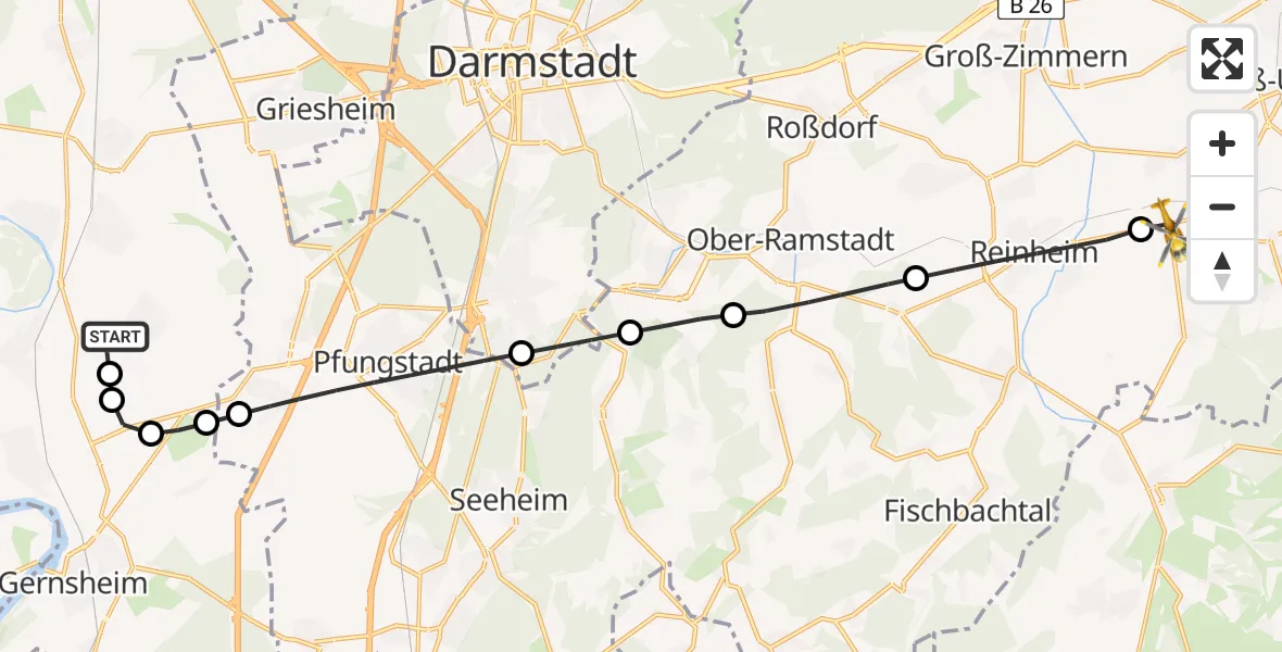 Flugroute Rettungshubschrauber Riedstadt - Otzberg, 26 Juni 2026, 17:19