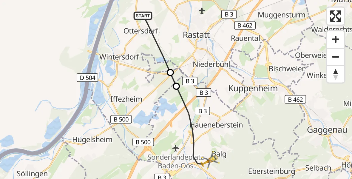 Flugroute Ambulanzhubschrauber Rastatt - Baden-Baden, 26 Juni 2026, 17:21