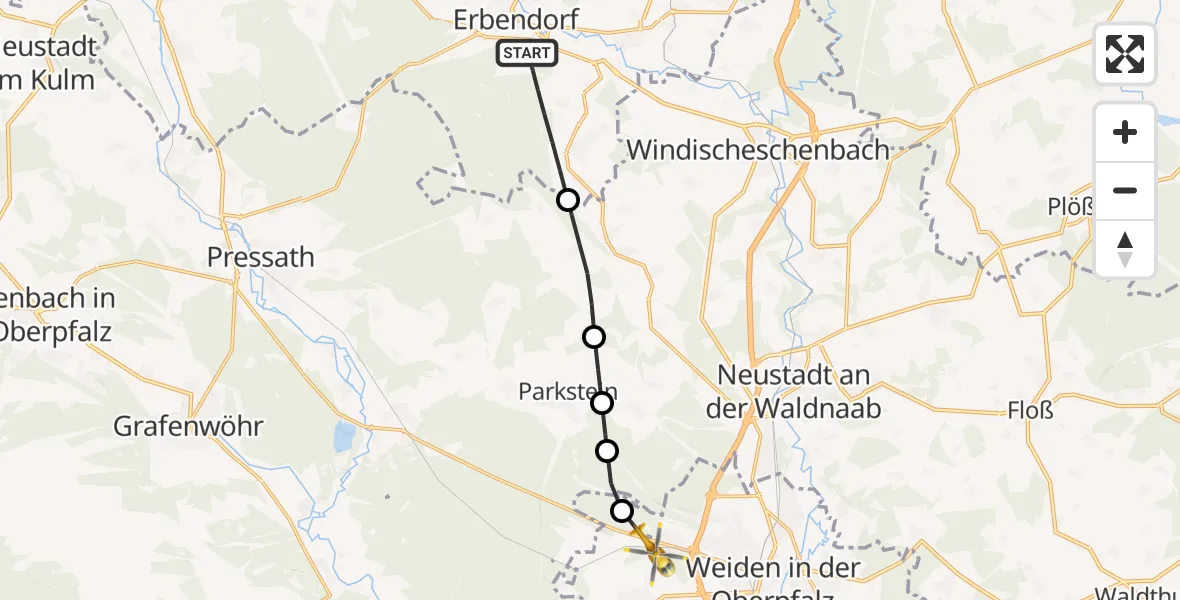Flugroute Rettungshubschrauber Erbendorf - Weiden i.d.OPf., 26 Juni 2026, 17:23