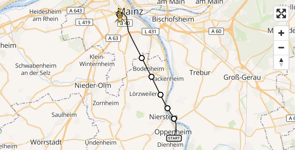 Flugroute Rettungshubschrauber Oppenheim - Mainz University Hospital, 26 Juni 2026, 17:25