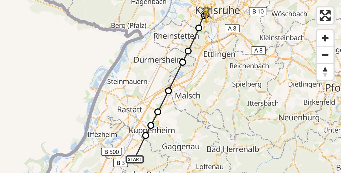 Flugroute Ambulanzhubschrauber Baden-Baden - Sankt Vincentius Hospital, 26 Juni 2026, 17:28