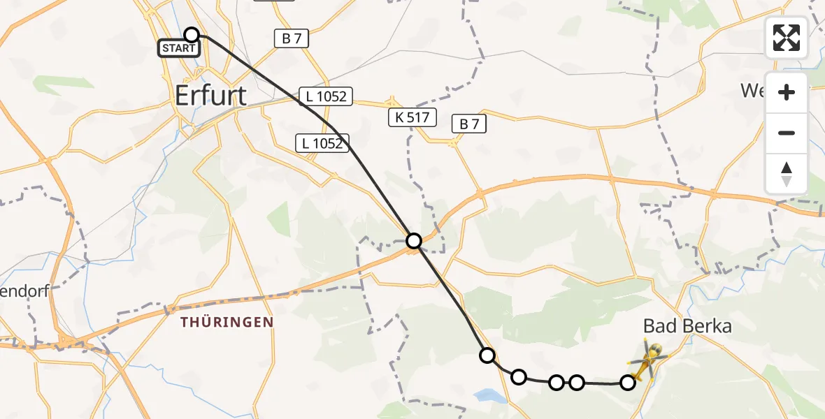Flugroute Ambulanzhubschrauber Helios Clinic Erfurt - DRF Rettungsstation Bad Berka Hubschrauberlandeplatz, 26 Juni 2026, 17:28