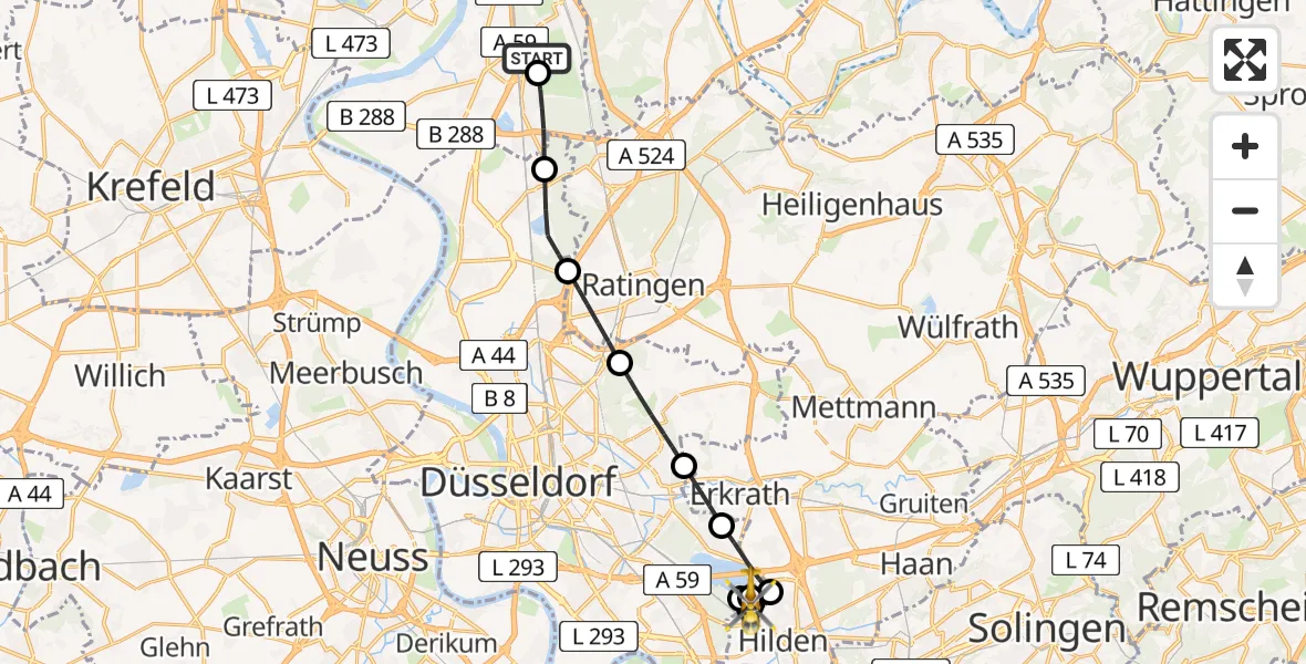 Flugroute Rettungshubschrauber Duisburg Air Rescue Hubschrauberlandeplatz (Christoph 9) - Hilden, 26 Juni 2026, 17:36