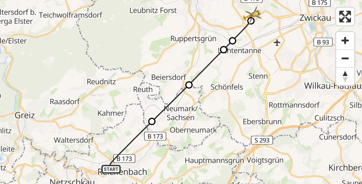 Flugroute Rettungshubschrauber Reichenbach im Vogtland - ADAC Air Rescue Station Zwickau Hubschrauberlandeplatz, 26 Juni 2026, 17:42