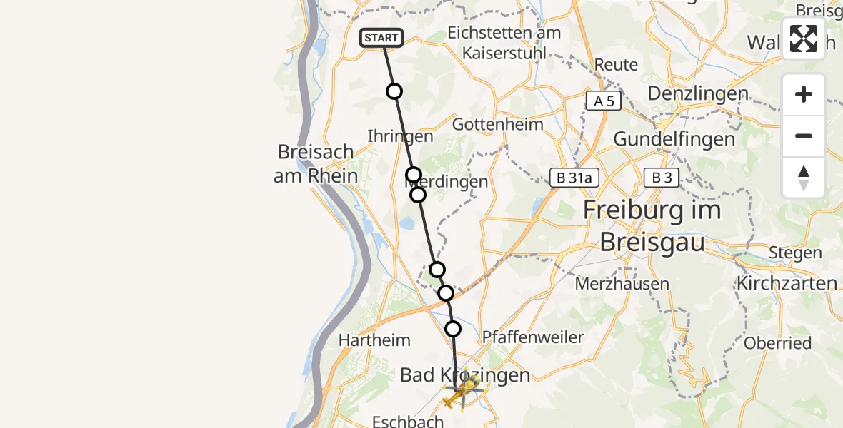 Flugroute Ambulanzhubschrauber Vogtsburg im Kaiserstuhl - Bad Krozingen, 26 Juni 2026, 17:42
