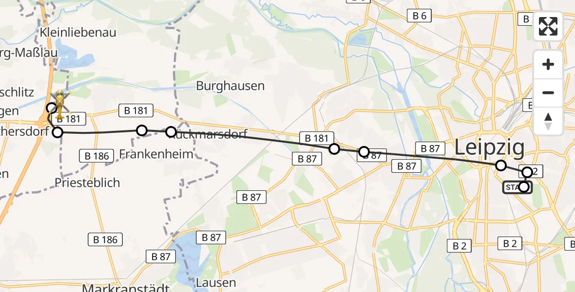 Flugroute Rettungshubschrauber Leipzig University Hospital Heliport 1 - ADAC Air Rescue Station Leipzig/Schkeuditz-Dölzig Hubschrauberlandeplatz (Christoph 61), 26 Juni 2026, 17:43