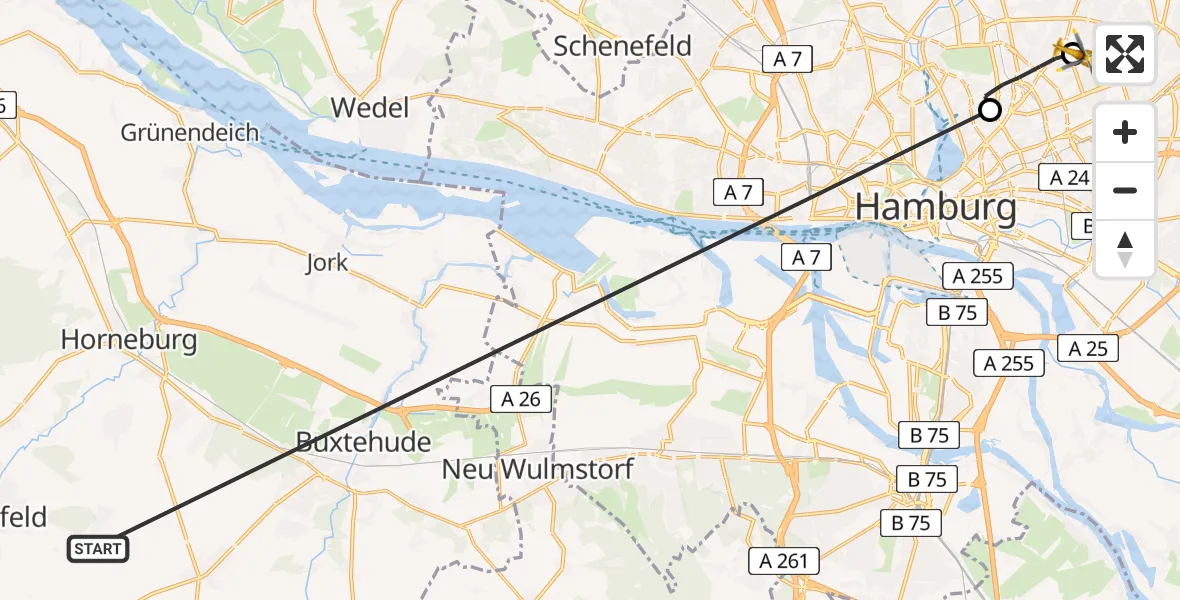 Flugroute Rettungshubschrauber Harsefeld - Hamburg Military Hospital, 26 Juni 2026, 17:46