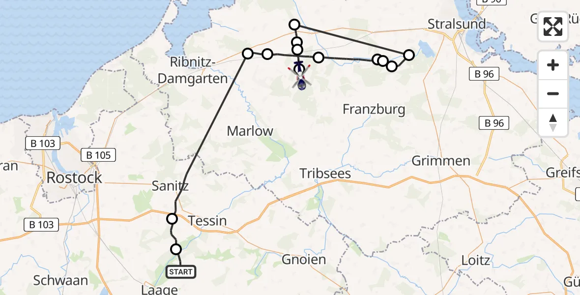Flugroute Polizeihubschrauber Wardow - Schlemmin, 26 Juni 2026, 17:50