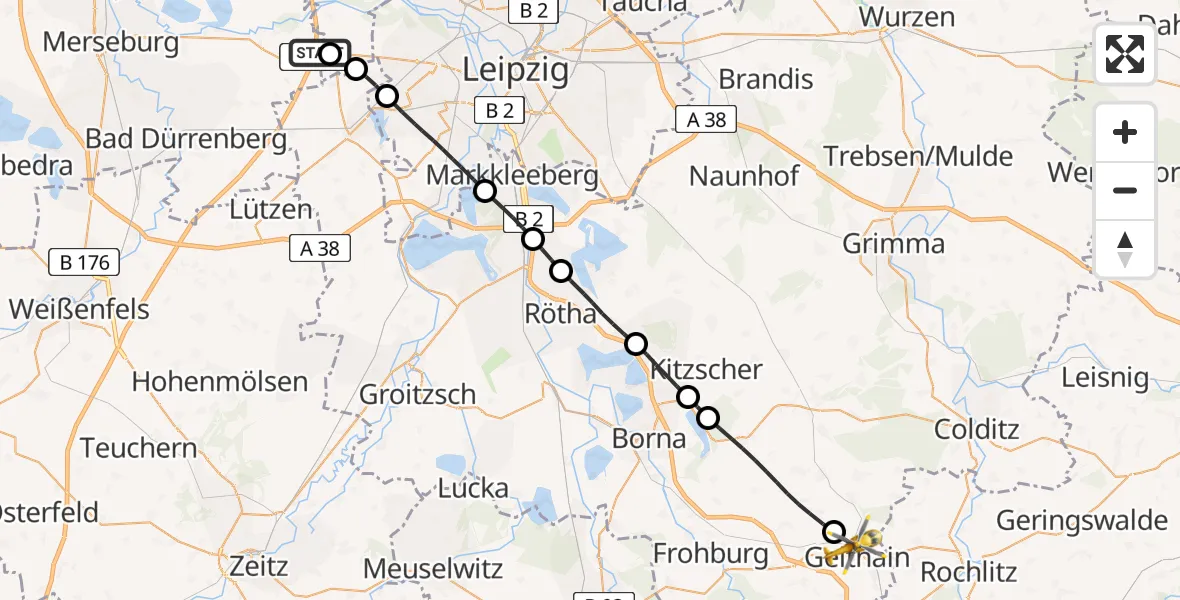 Flugroute Rettungshubschrauber ADAC Air Rescue Station Leipzig/Schkeuditz-Dölzig Hubschrauberlandeplatz (Christoph 61) - Geithain, 26 Juni 2026, 17:54