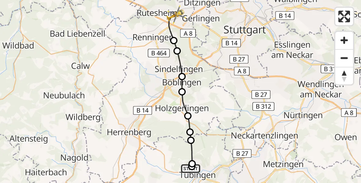 Flugroute Rettungshubschrauber Tübingen Trauma Hospital - Leonberg Hospital Hubschrauberlandeplatz, 26 Juni 2026, 17:54