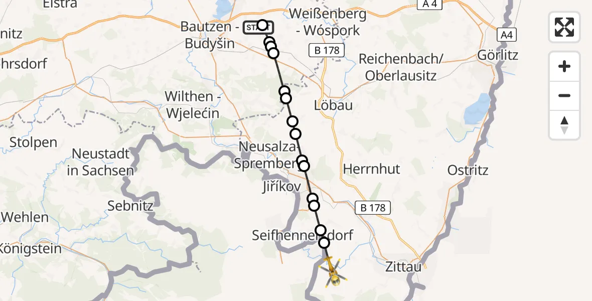 Flugroute Rettungshubschrauber Bautzen Flugplatz - Großschönau, 26 Juni 2026, 17:58