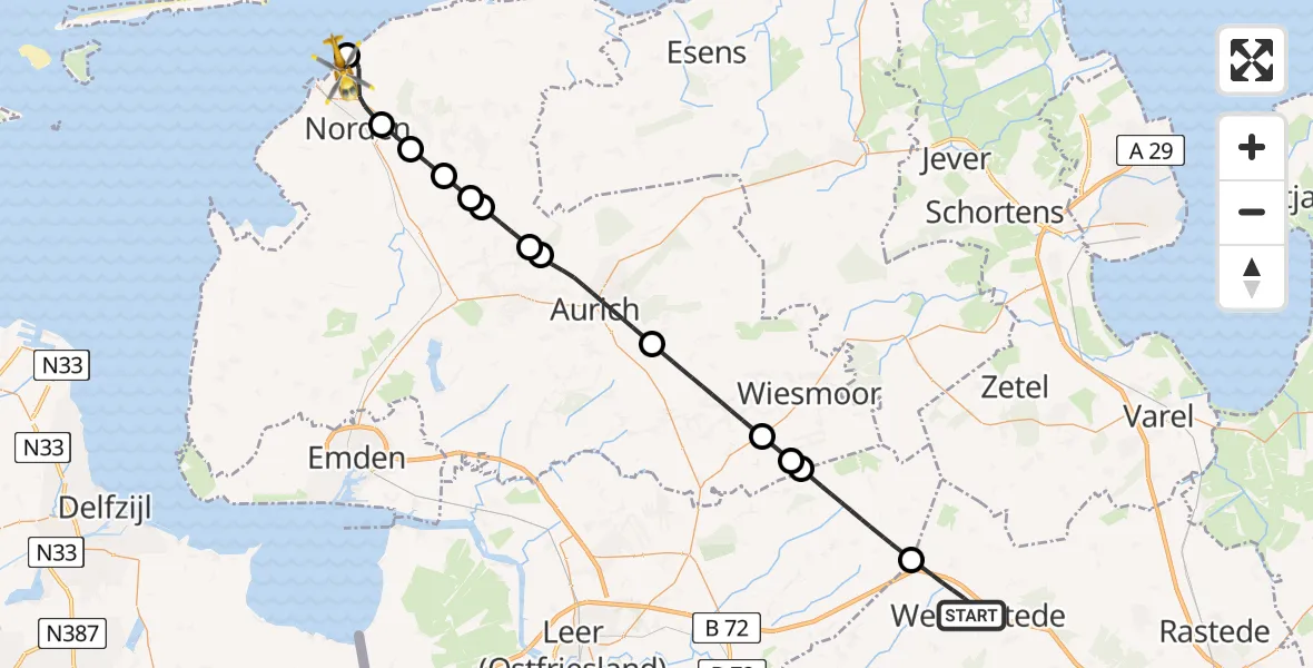 Flugroute Ambulanzhubschrauber Westerstede - Norden-Norddeich Flughafen, 26 Juni 2026, 18:01