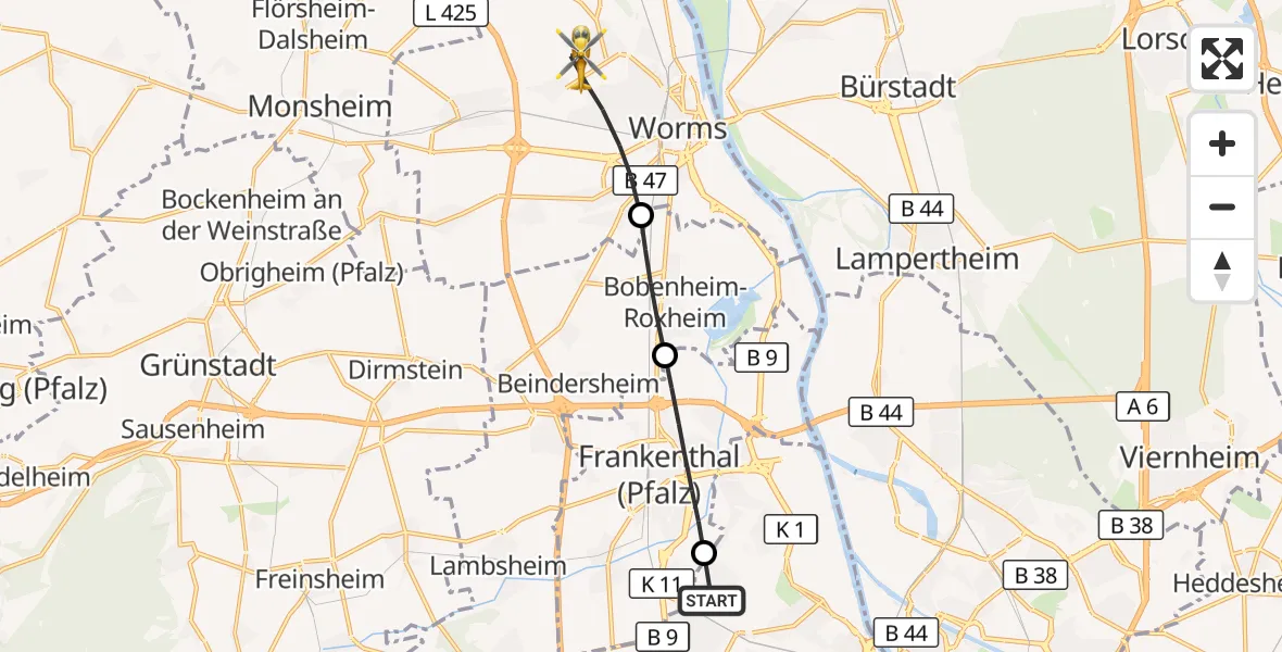 Flugroute Rettungshubschrauber Ludwigshafen am Rhein - Worms, 26 Juni 2026, 18:05
