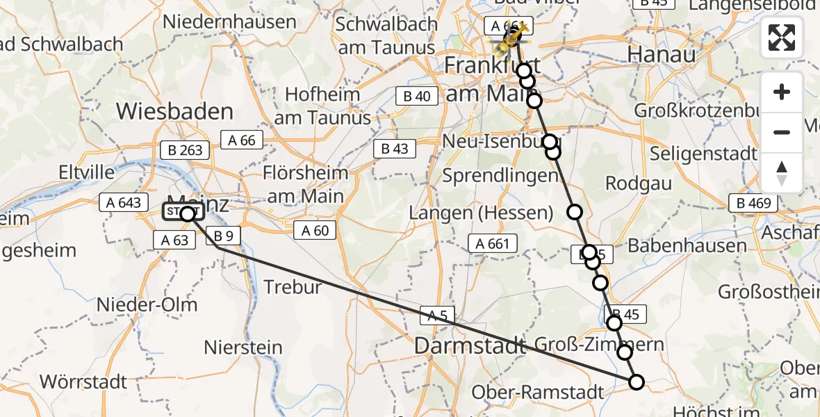 Flugroute Rettungshubschrauber Mainz University Hospital - Frankfurt am Main Accident Hospital Roof, 26 Juni 2026, 18:06