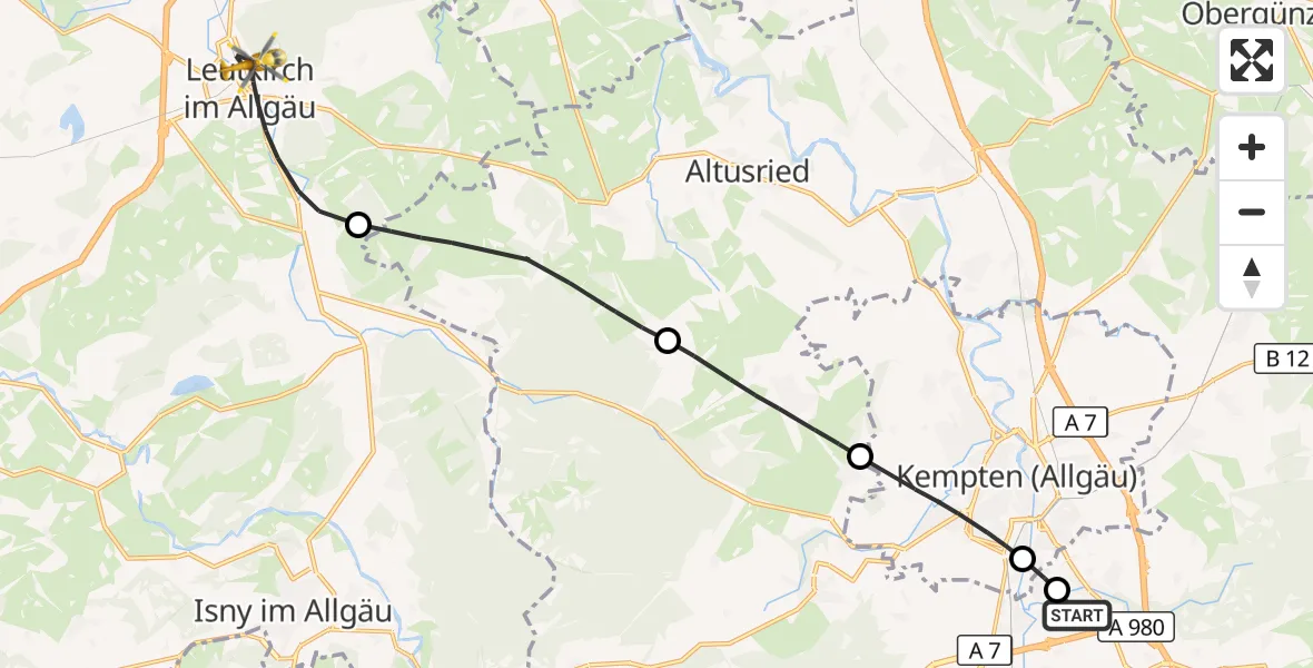 Flugroute Rettungshubschrauber Kempten-Durach Flugplatz - Leutkirch im Allgäu, 26 Juni 2026, 18:09