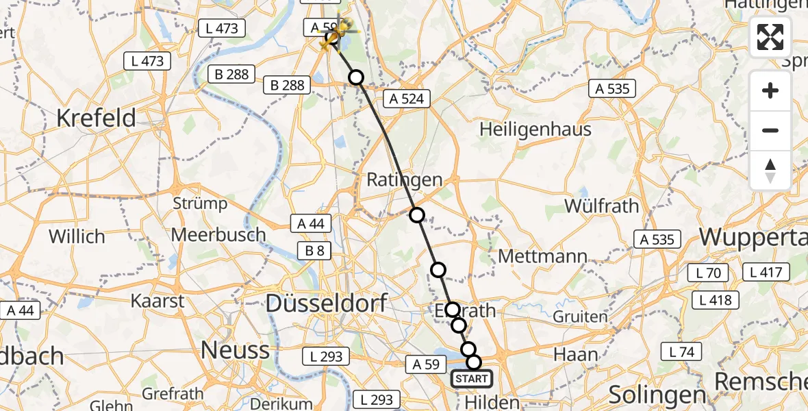 Flugroute Rettungshubschrauber Hilden - Duisburg Air Rescue Hubschrauberlandeplatz (Christoph 9), 26 Juni 2026, 18:15