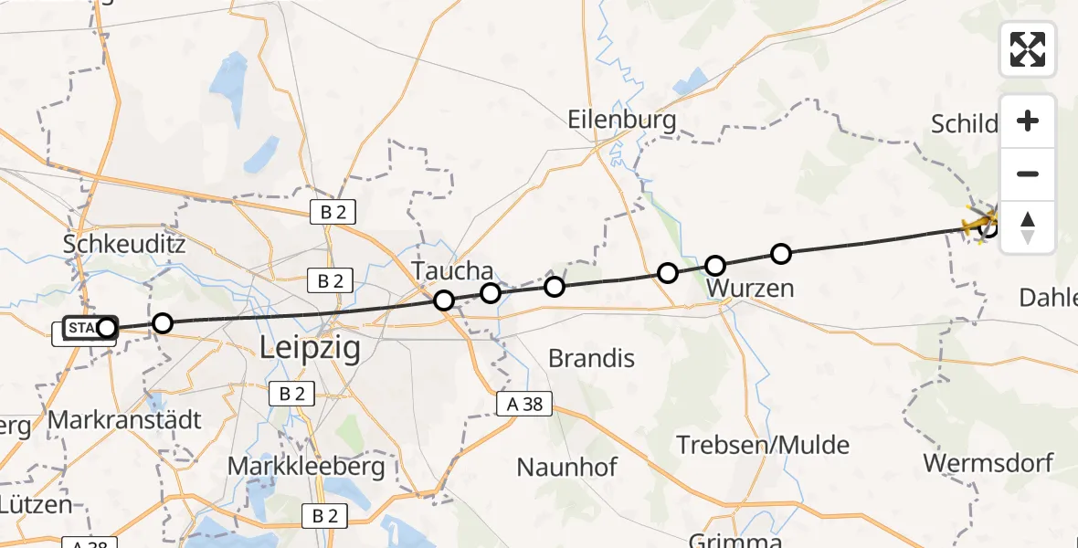 Flugroute Rettungshubschrauber ADAC Air Rescue Station Leipzig/Schkeuditz-Dölzig Hubschrauberlandeplatz (Christoph 61) - Dahlen, 26 Juni 2026, 18:19