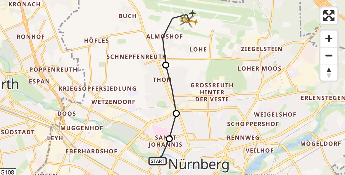 Flugroute Rettungshubschrauber Deutschherrnwiese Hubschrauberlandeplatz - Flughafen Nuremberg, 26 Juni 2026, 18:19