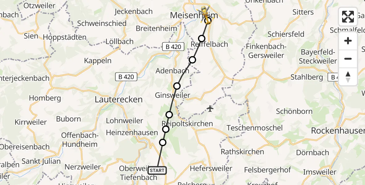 Flugroute Rettungshubschrauber Einöllen - Meisenheim, 26 Juni 2026, 18:19