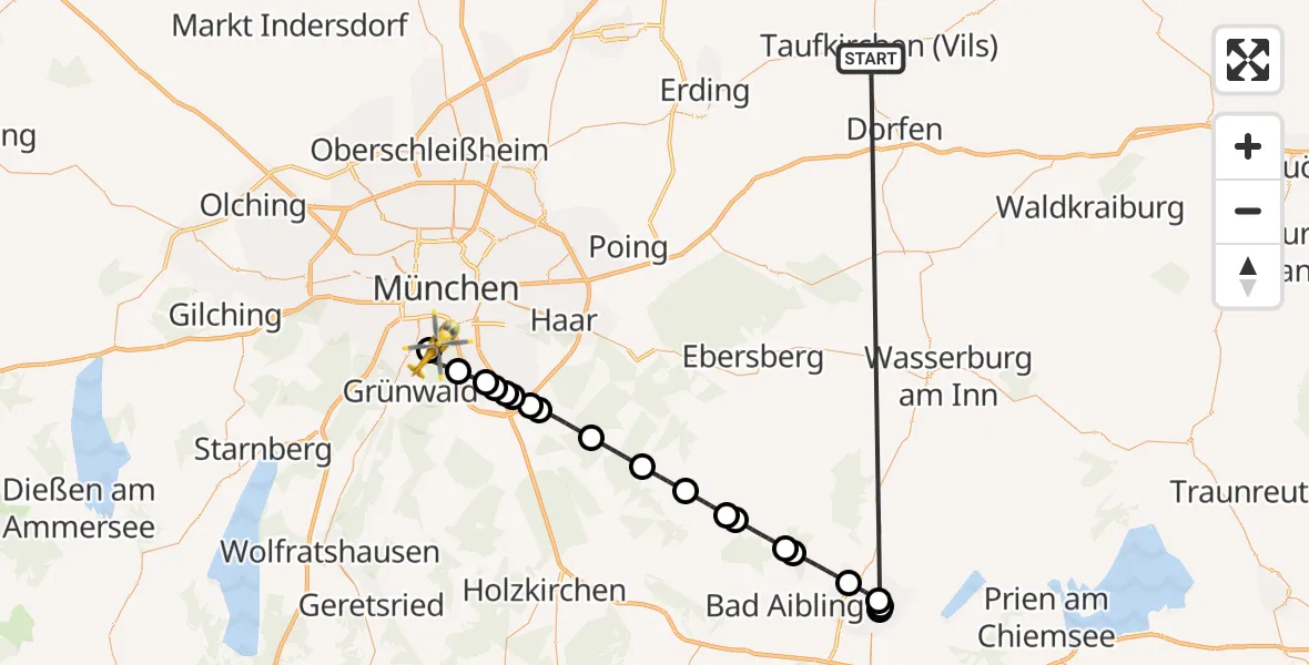 Flugroute Rettungshubschrauber Taufkirchen (Vils) - ADAC Air Rescue Center Hubschrauberlandeplatz (Christoph 1), 26 Juni 2026, 18:22