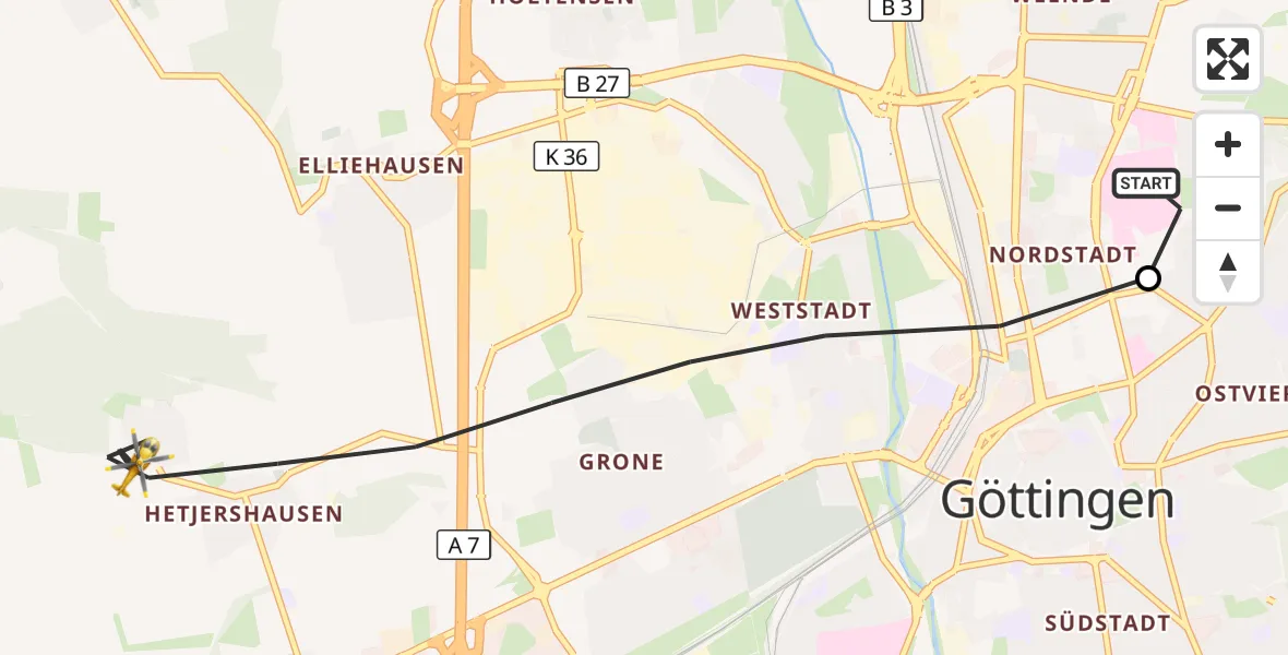Flugroute Rettungshubschrauber Göttingen University Clinic Hubschrauberlandeplatz - Göttingen, 26 Juni 2026, 18:22