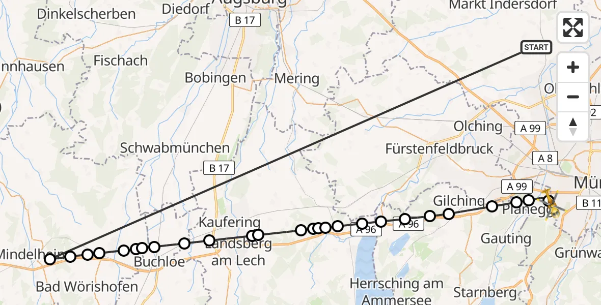 Flugroute Rettungshubschrauber Röhrmoos - DRF Air Rescue München Hubschrauberlandeplatz, 26 Juni 2026, 18:25