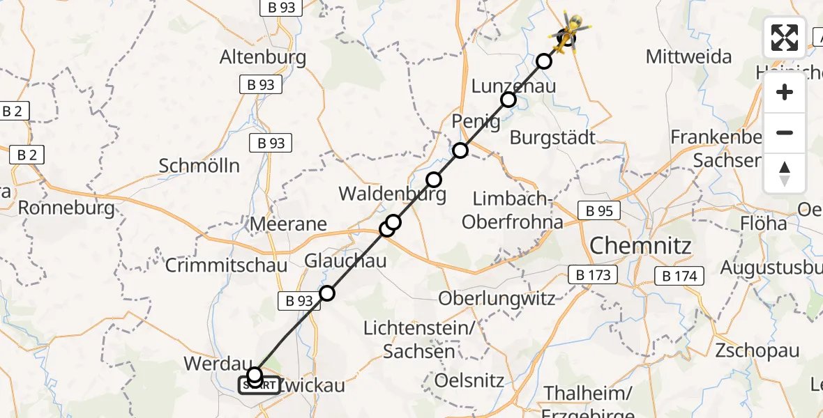 Flugroute Rettungshubschrauber ADAC Air Rescue Station Zwickau Hubschrauberlandeplatz - Seelitz, 26 Juni 2026, 18:32