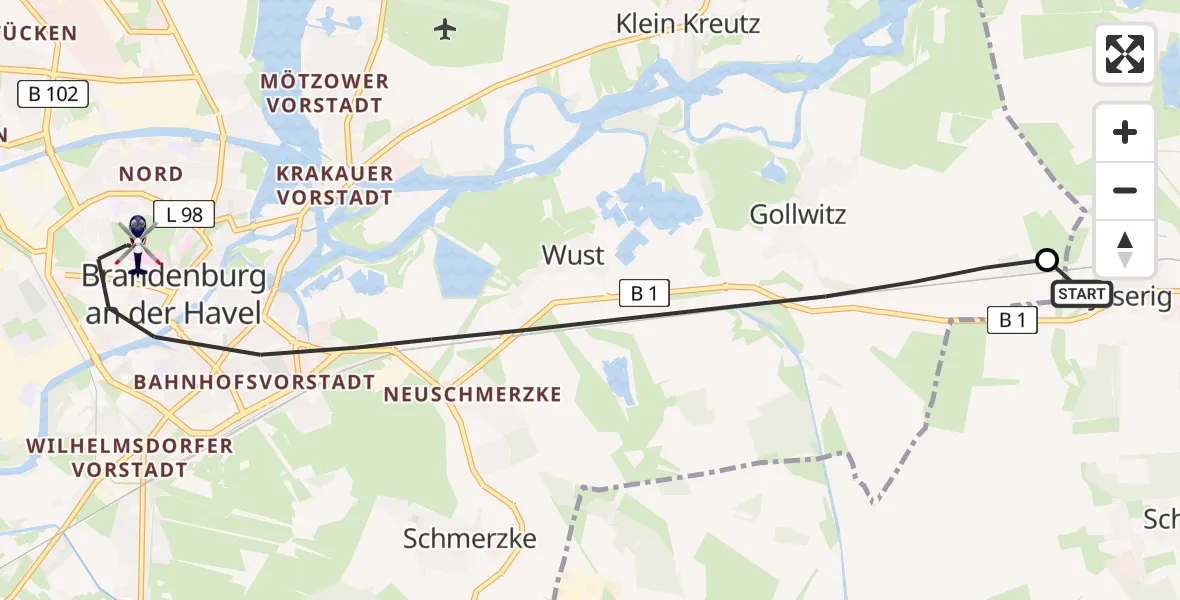 Flugroute Polizeihubschrauber Groß Kreutz (Havel) - Brandenburg an der Havel, 26 Juni 2026, 18:34