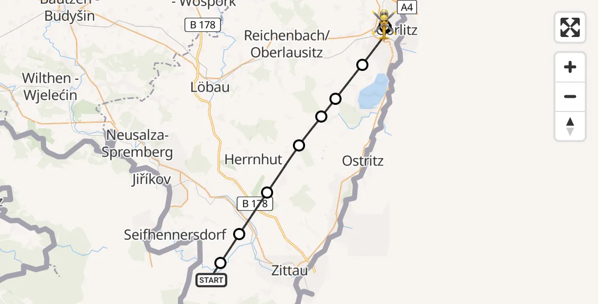 Flugroute Rettungshubschrauber Großschönau - Görlitz Hospital, 26 Juni 2026, 18:37