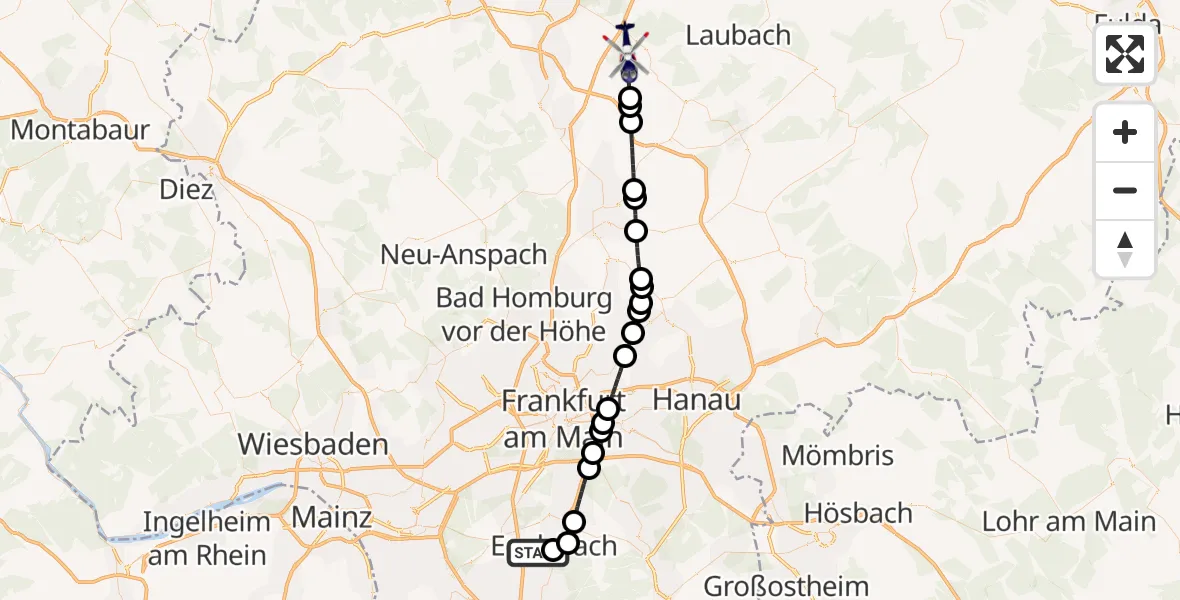 Flugroute Polizeihubschrauber Flughafen Frankfurt-Egelsbach - Lich, 26 Juni 2026, 18:50