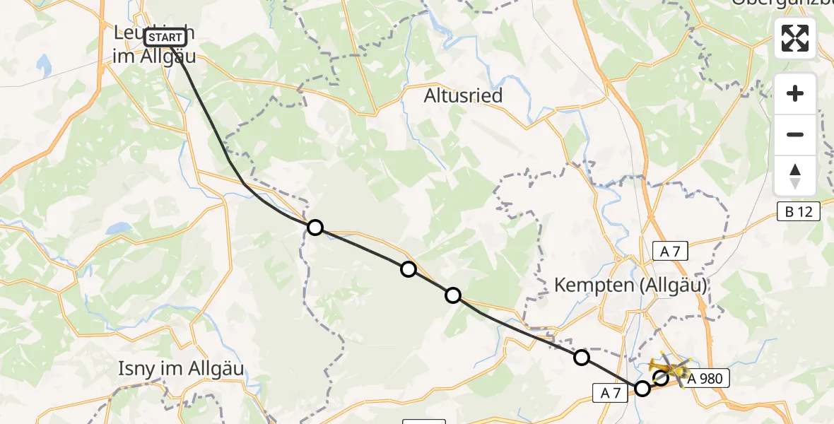 Flugroute Rettungshubschrauber Leutkirch im Allgäu - Kempten-Durach Flugplatz, 26 Juni 2026, 18:50