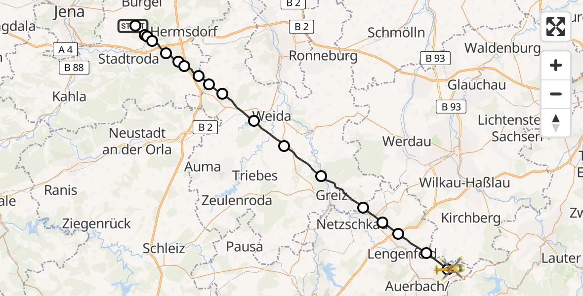 Flugroute Rettungshubschrauber Schöngleina - Steinberg, 26 Juni 2026, 18:50