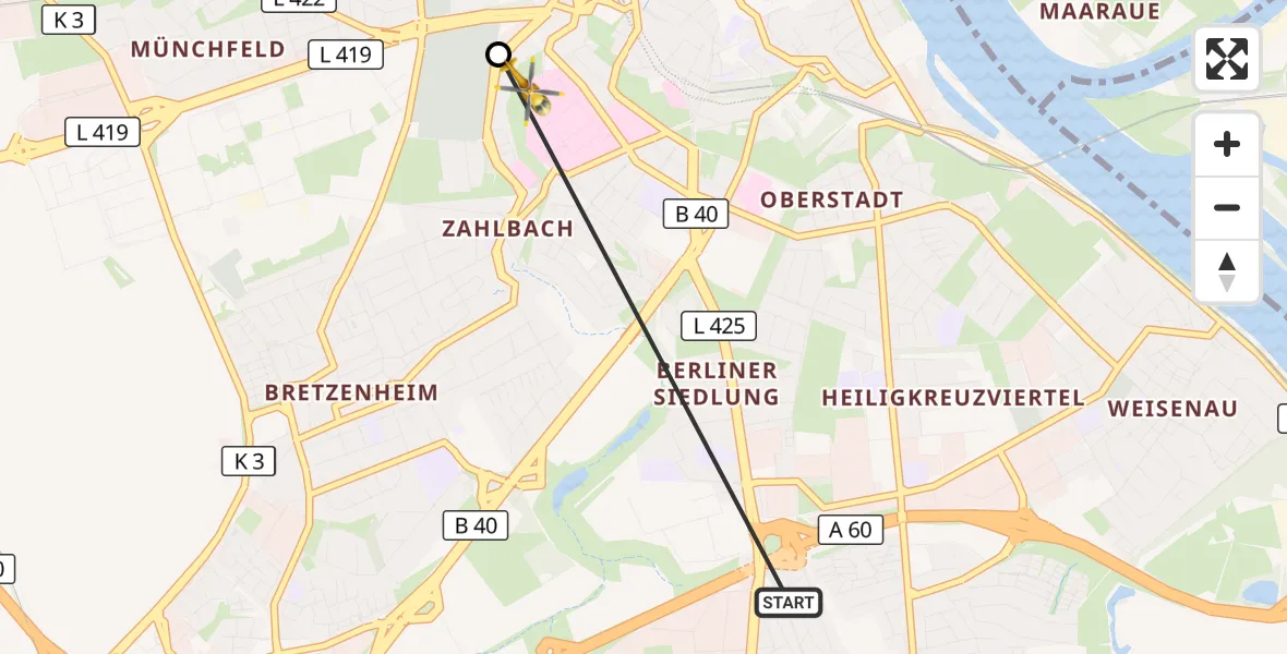 Flugroute Rettungshubschrauber Mainz - Mainz University Hospital, 26 Juni 2026, 18:51