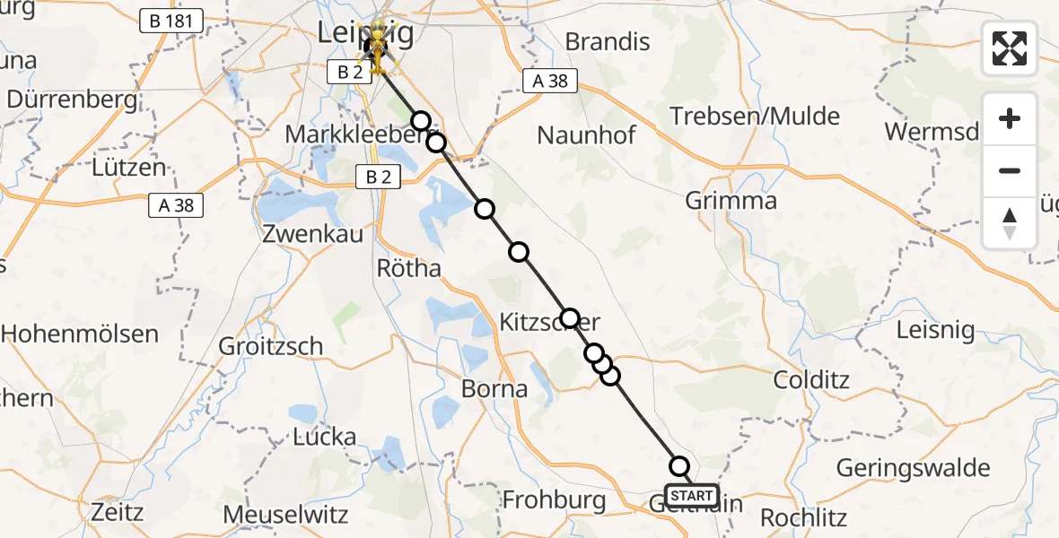 Flugroute Rettungshubschrauber Geithain - Leipzig University Hospital Heliport 1, 26 Juni 2026, 18:53