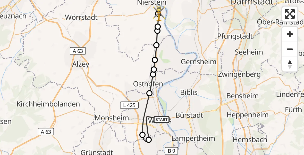 Flugroute Rettungshubschrauber Worms - Oppenheim, 26 Juni 2026, 18:57