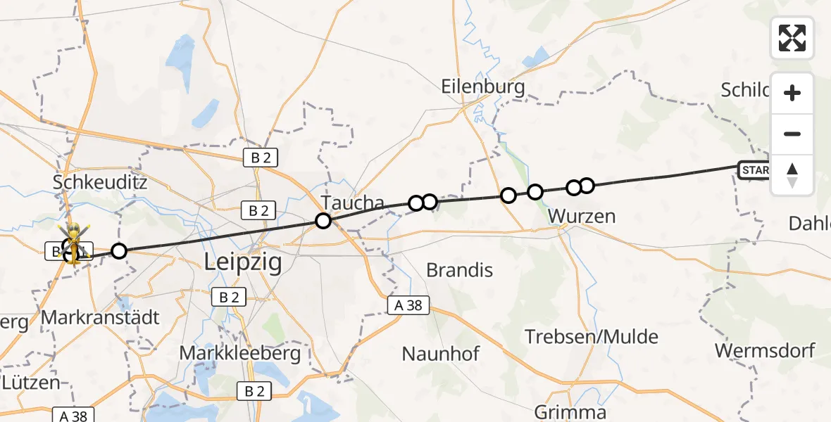 Flugroute Rettungshubschrauber Lossatal - ADAC Air Rescue Station Leipzig/Schkeuditz-Dölzig Hubschrauberlandeplatz (Christoph 61), 26 Juni 2026, 19:02