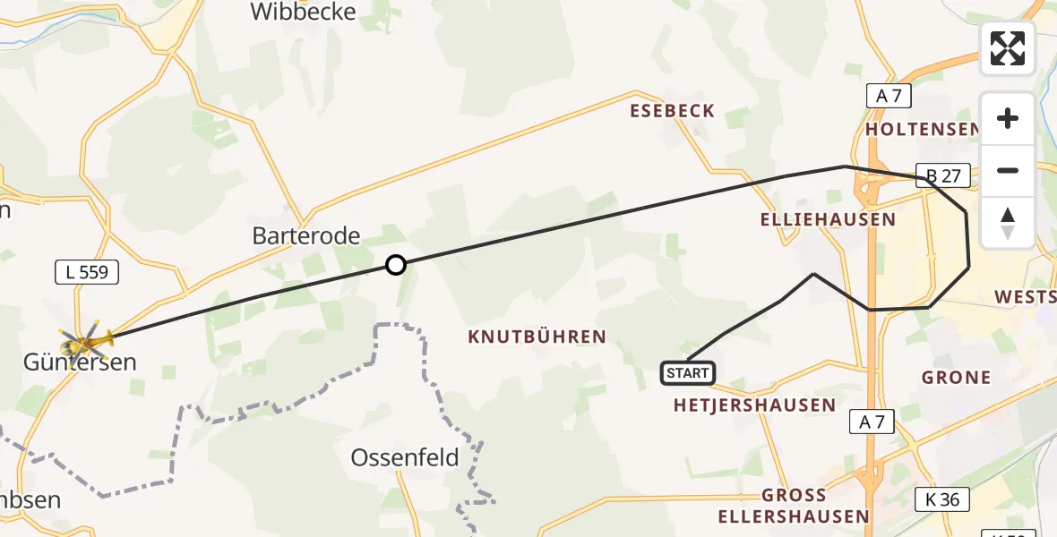 Flugroute Rettungshubschrauber Göttingen - Adelebsen, 26 Juni 2026, 19:03