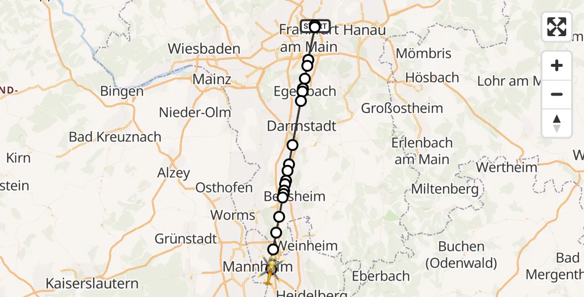Flugroute Rettungshubschrauber Frankfurt am Main Accident Hospital Roof - Mannheim-City Flughafen, 26 Juni 2026, 19:06