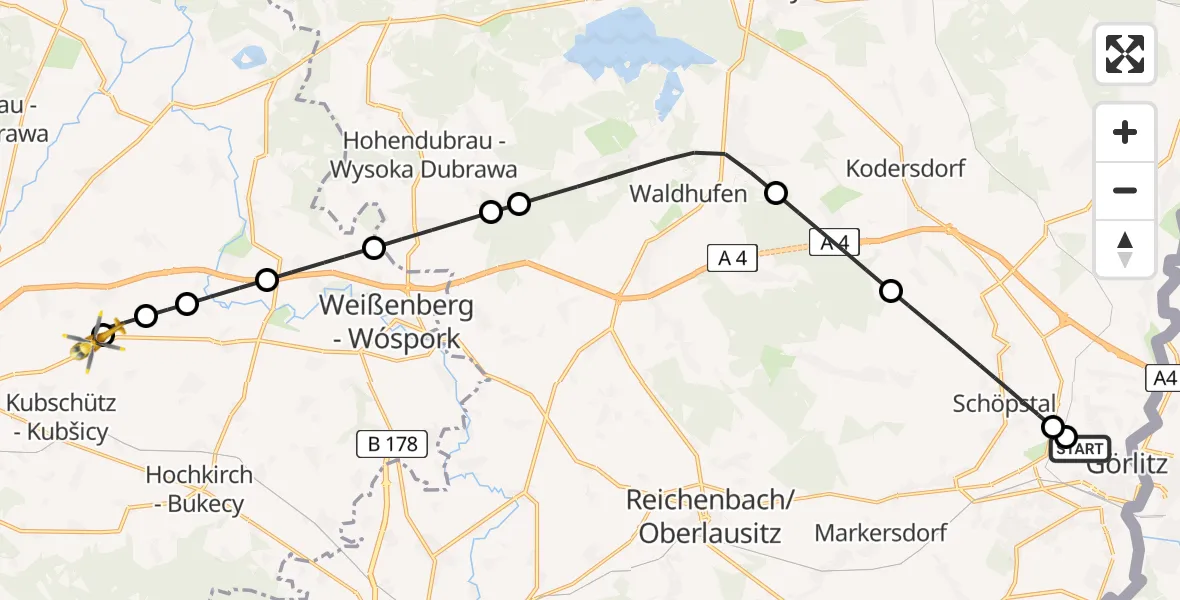 Flugroute Rettungshubschrauber Görlitz Hospital - Bautzen Flugplatz, 26 Juni 2026, 19:12